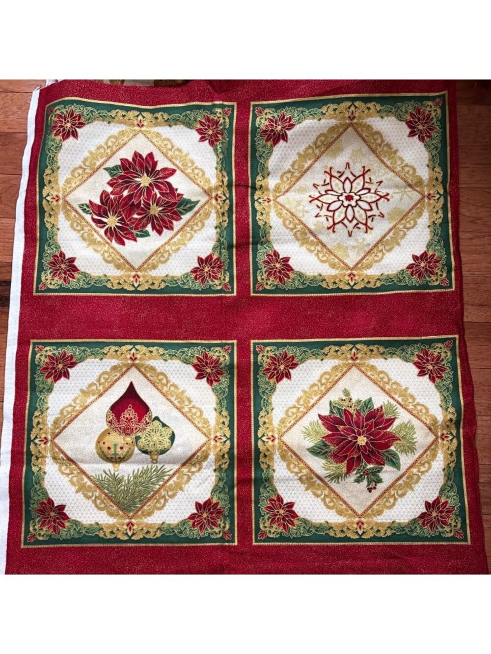 Robert Kaufman Cotton Fabric Holiday Panels Christmas Poinsettia Ornaments Gold